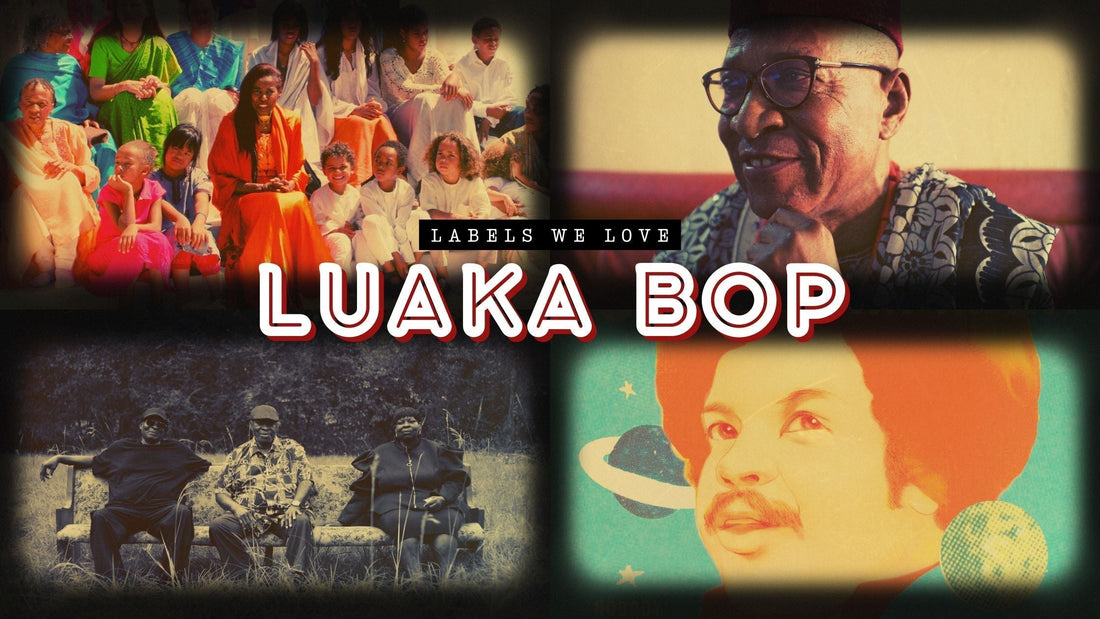 Title graphic reading ‘Labels We Love: Luaka Bop’ featuring collage-style photos of artists from the label’s roster.