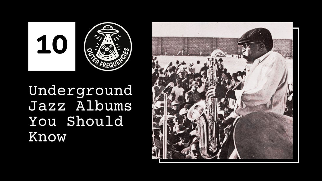 8 jazz album covers, tinted with purple and yellow hues, underneath text that reads "10 Hidden Jazz Albums Every Collector Shoul Own"