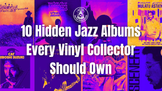 8 jazz album covers, tinted with purple and yellow hues, underneath text that reads "10 Hidden Jazz Albums Every Collector Shoul Own"