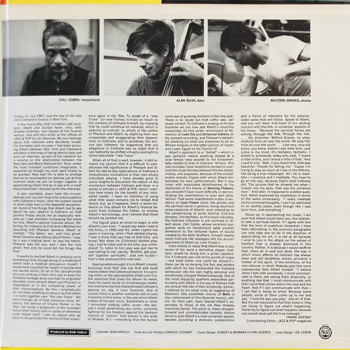Gatefold inner of Love Cry LP by Albert Ayler, showing artwork and liner notes