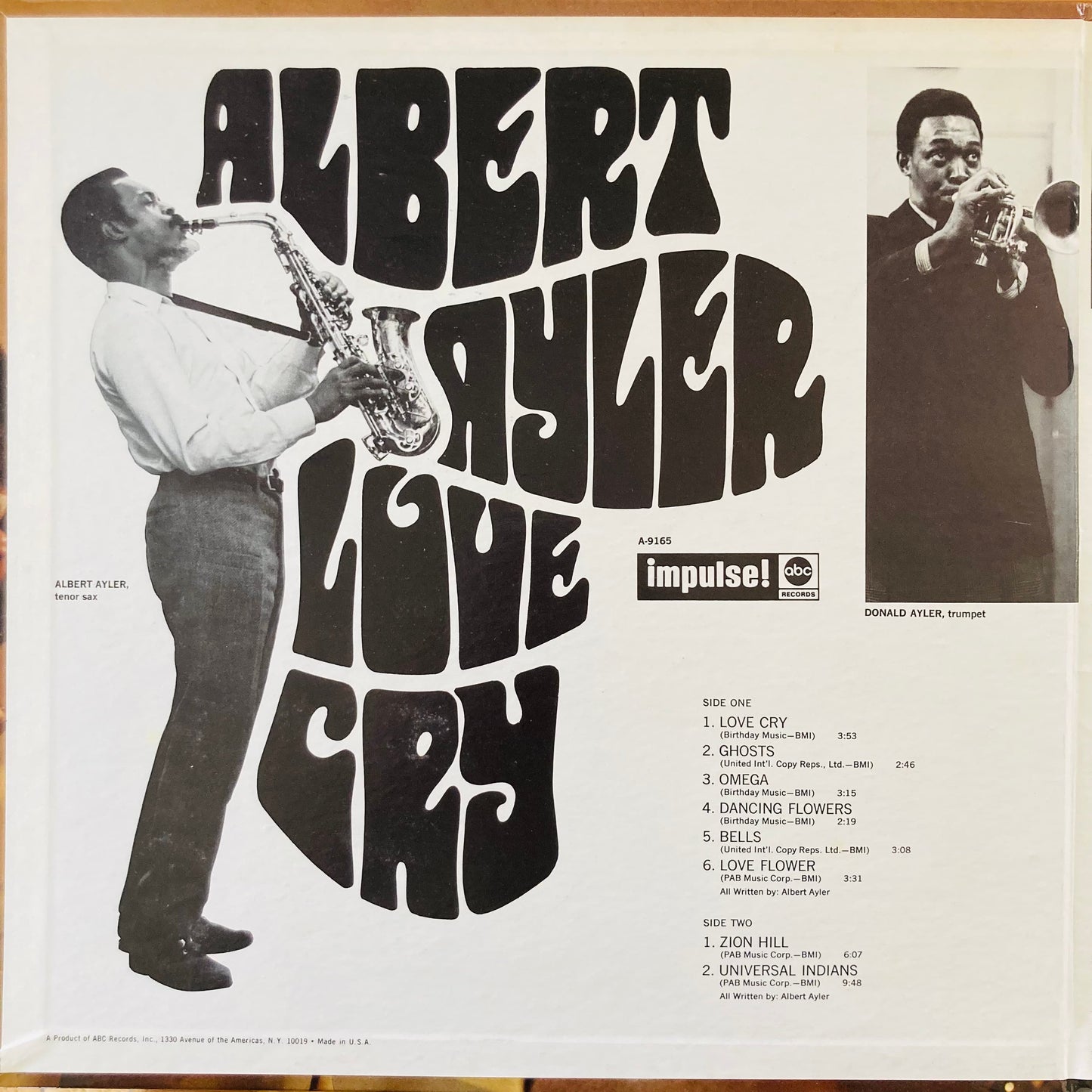 Gatefold inner of Love Cry LP by Albert Ayler, showing artwork and liner notes