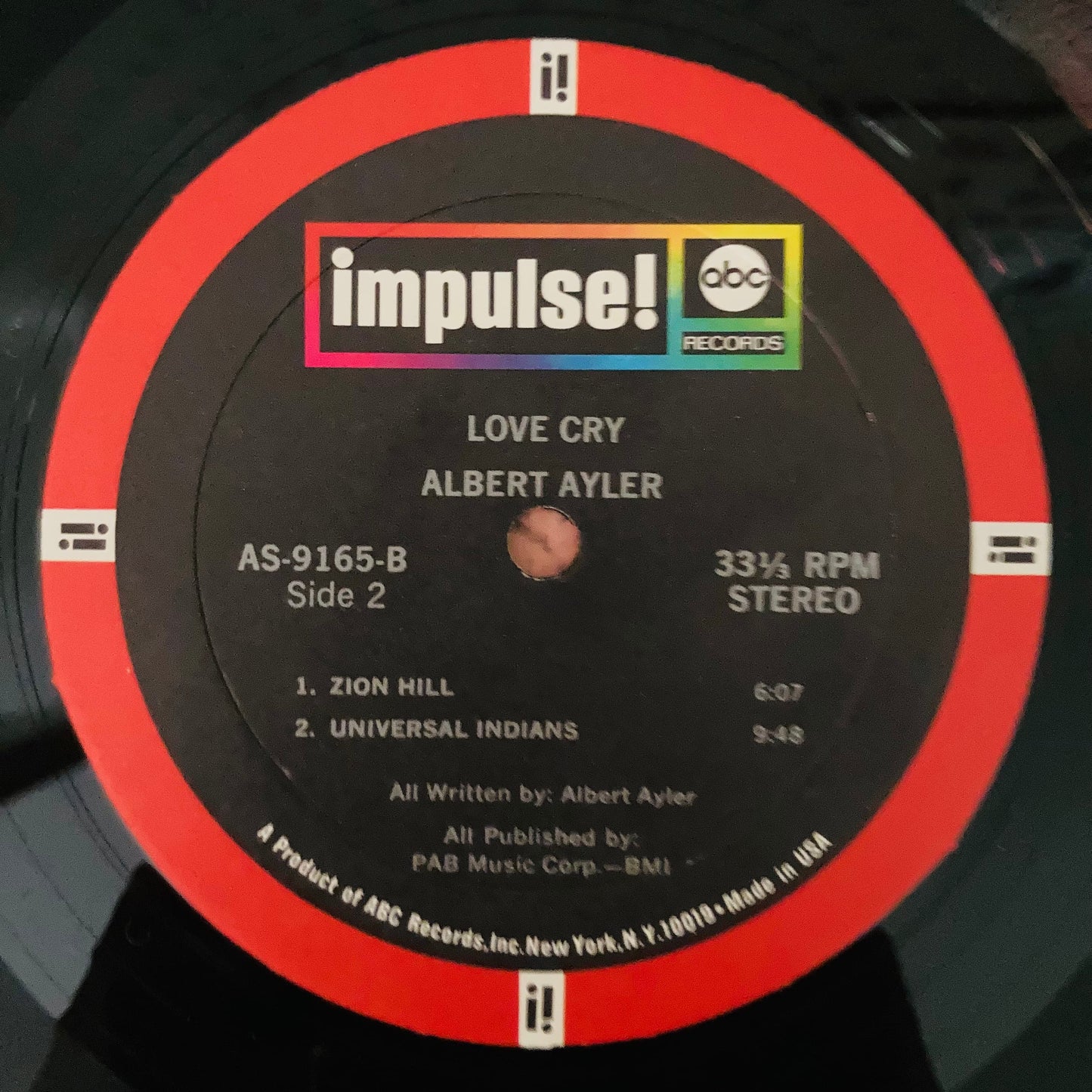 Side 2 vinyl sticker for 1968 pressing of Love Cry by Albert Ayler, US Impulse! A-9165 with Japanese insert