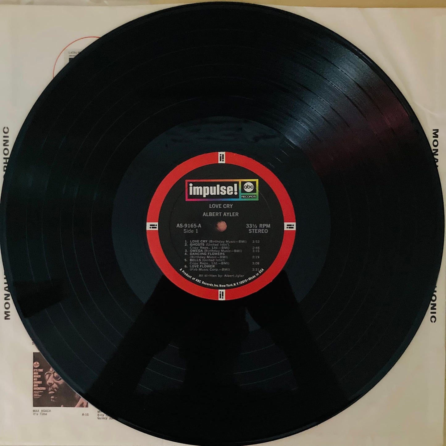 Vinyl record from Albert Ayler’s Love Cry, 1968 US pressing on Impulse!, Near Mint condition