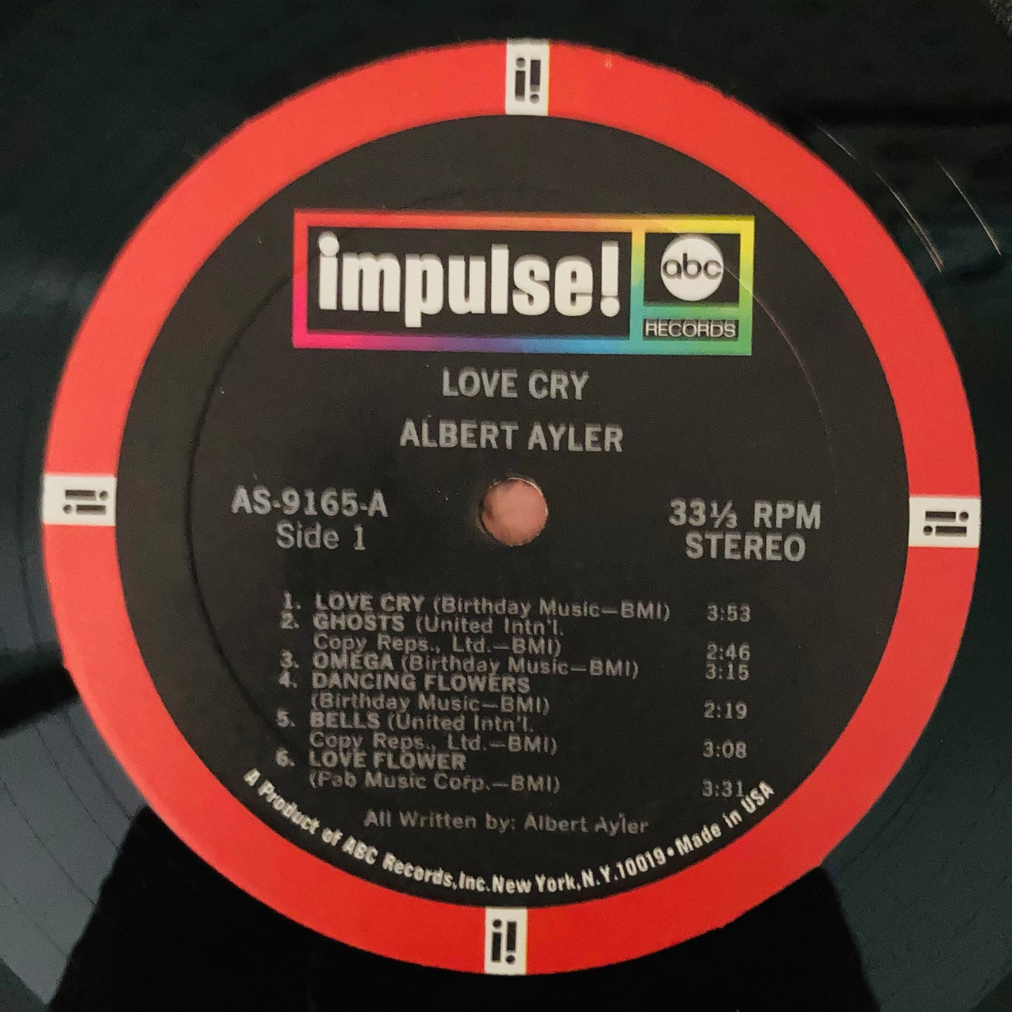 Side A vinyl sticker for 1968 pressing of Love Cry by Albert Ayler, US Impulse! A-9165 with Japanese insert