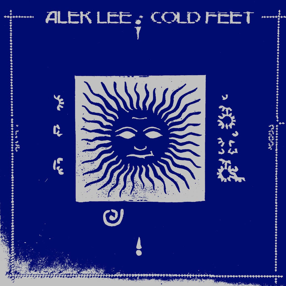 Album cover with sun design and text 'Alek Lee: Cold Feet' on a blue background