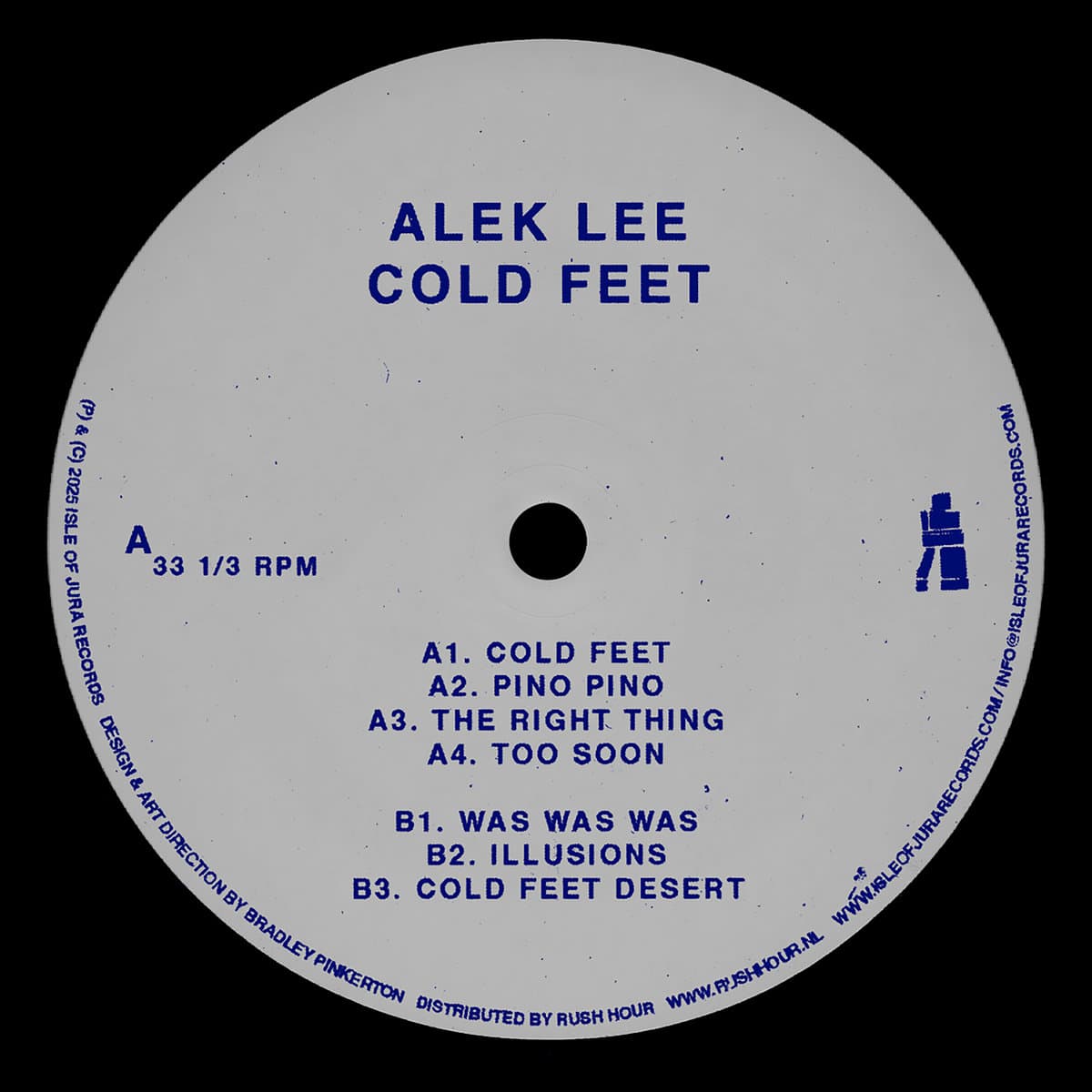 Vinyl record label with text 'ALEK LEE COLD FEET' and track listings on a white background.