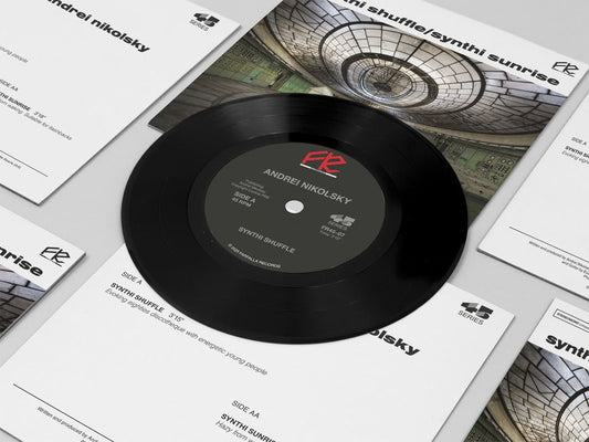 Black vinyl record with a label on top of printed music sheets.
