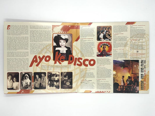 Gatefold spread of Ayo Ke Disco vinyl showing a photo collage and excerpts from liner notes