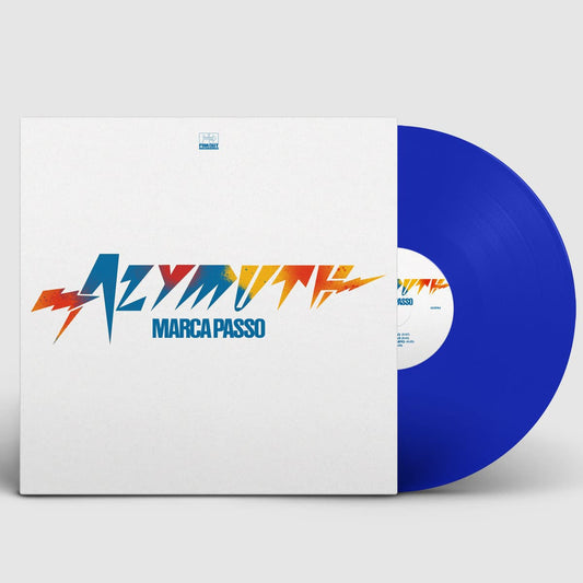 Vinyl record with blue disc and colorful album cover on a white background