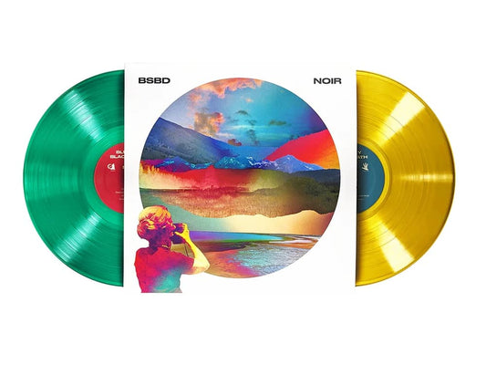 Photo of front cover and vinyl records from BSBD's NOIR deluxe reissue – limited 2xLP showing clean green and yellow vinyl in near mint condition.