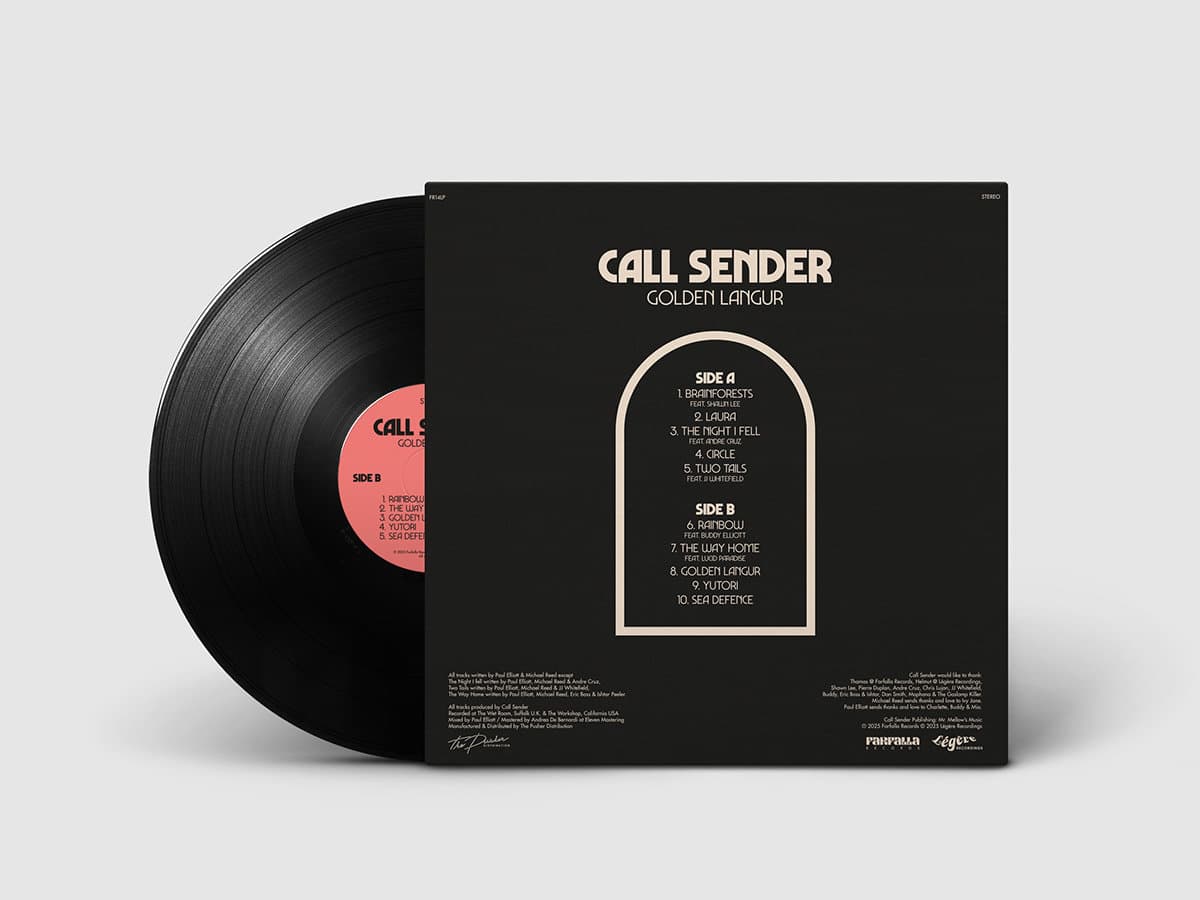 Vinyl record for Call Sender - Golden Langur, with back cover displaying 'Call Sender' and tracklisting on a light gray background