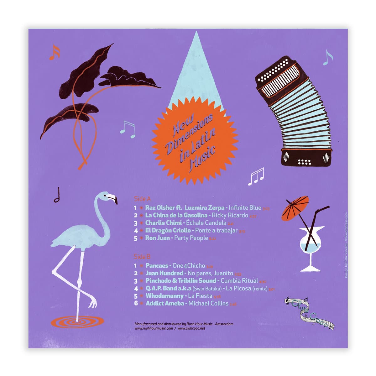 Back album cover with colorful graphics, track list and text on a purple background