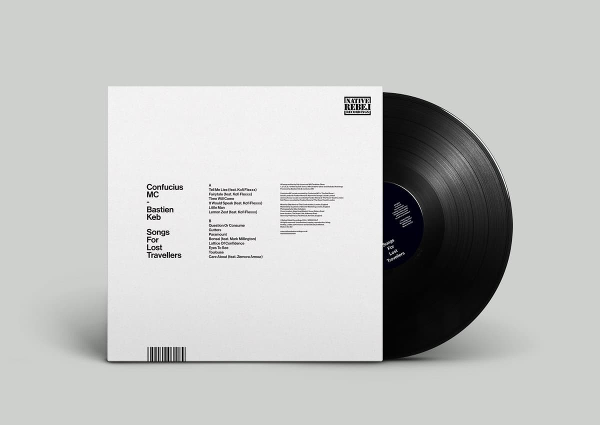 Confucius MC & Sebastian Keb – Songs For Lost Travellers (2025) 1LP black vinyl. Lo-fi hip-hop with jazz, folk, and raw analog textures.