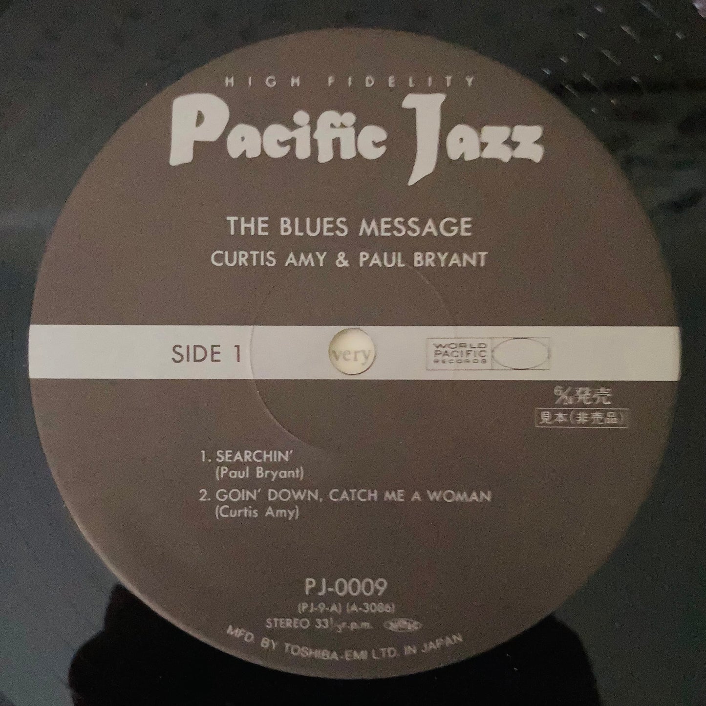 Close-up of Side 1 of Pacific Jazz label on The Blues Message vinyl, PJ-0009