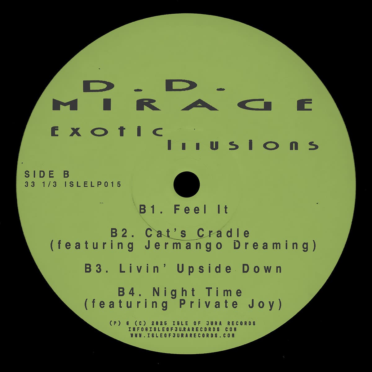 Vinyl record label for D.D. Mirage's 'Exotic Illusions' with tracklist on a green background