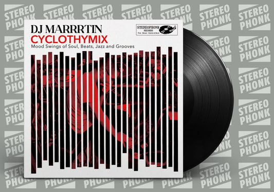 Vinyl record with a red and black design on a gray background with 'Stereo Phonk' branding.