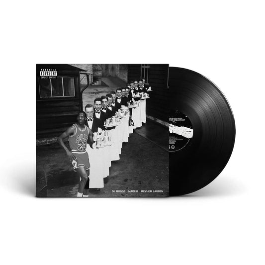 Album cover and vinyl for Champagne For Breakfast by Meyhem Lauren, produced by DJ Muggs and Madlib – limited edition 180g black vinyl with alternate artwork.