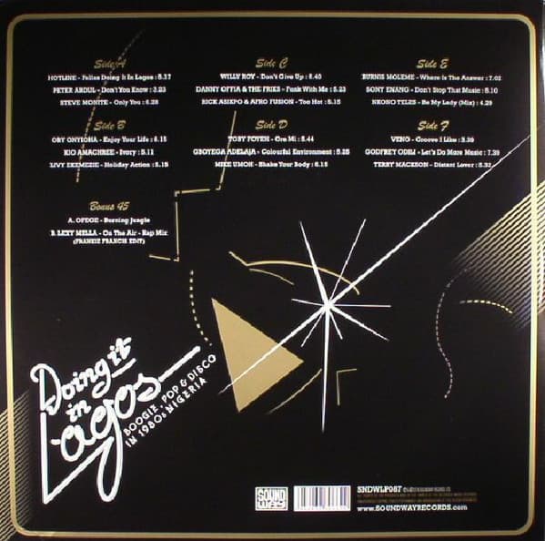 Doing It In Lagos 3LP + 7" vinyl compilation. Black vinyl set from Soundway Records with gatefold jacket and liner notes on Nigerian boogie and disco.