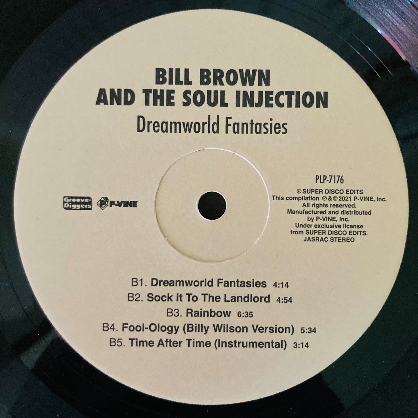 Vinyl record label for side B of Dreamworld Fantasies, Bill Brown and the Soul Injection, 2021 P-Vine pressing
