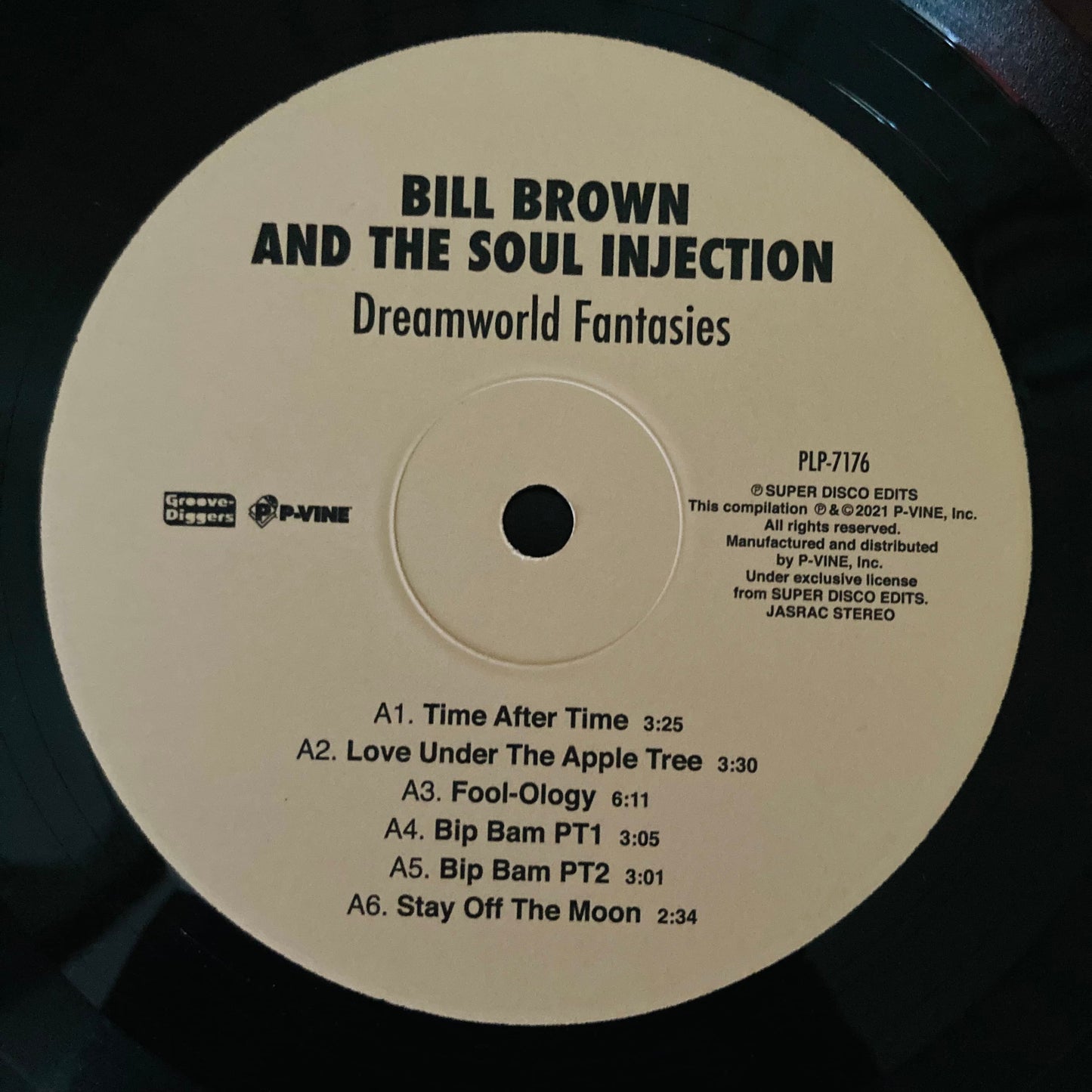 Vinyl record label for side A of Dreamworld Fantasies, Bill Brown and the Soul Injection, 2021 P-Vine pressing