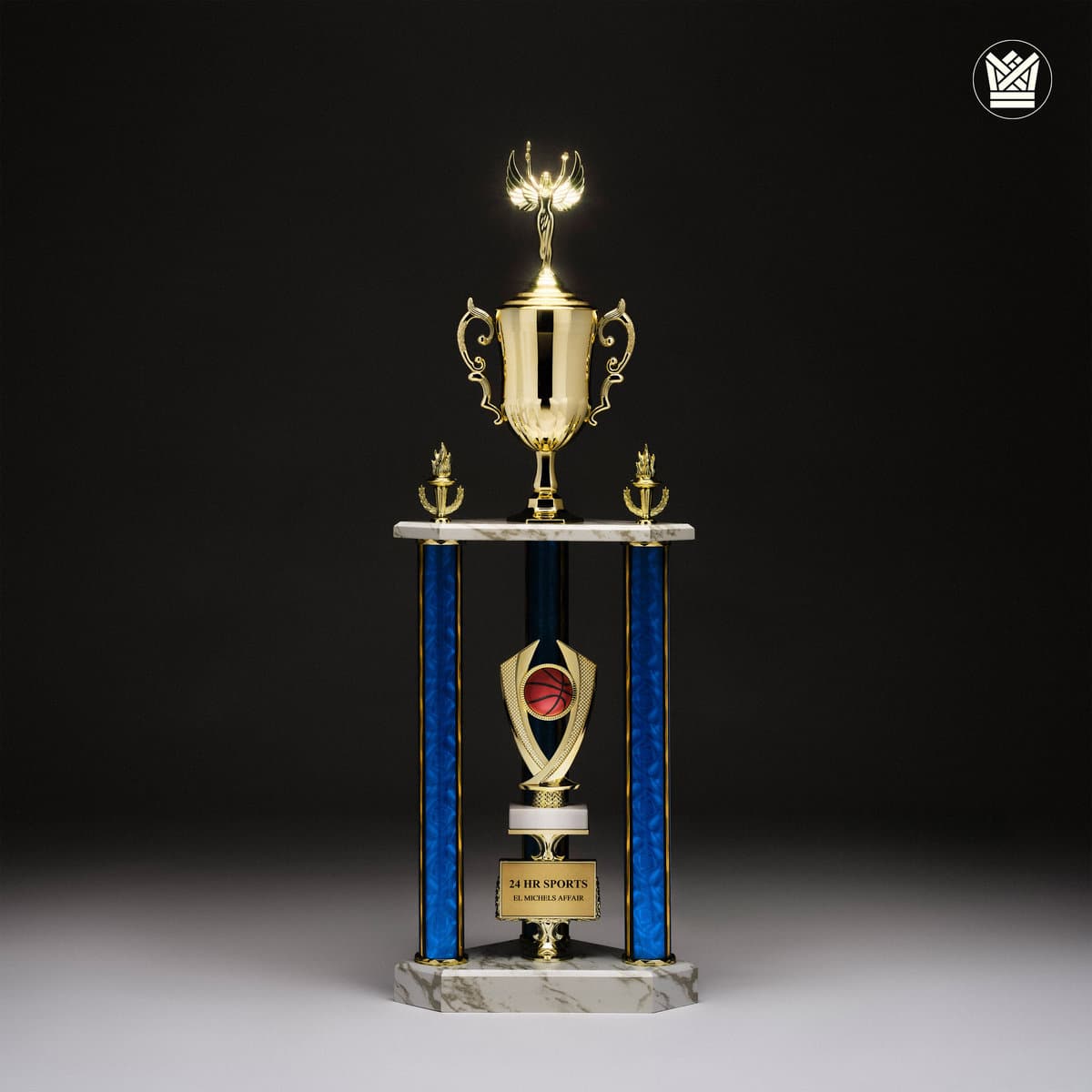 Cover art for the album 24 Hour Sports by El Michels Affair, featuring a gold and blue sports trophy against a black background.
