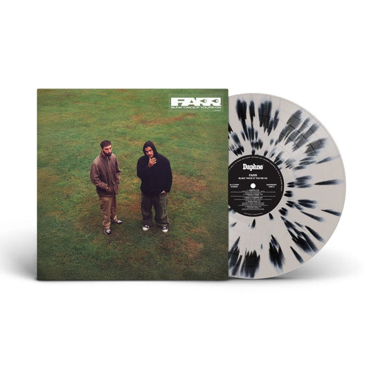 Vinyl record and front cover for FARR - Blink Twice If You're Okay, with a cover showing two people standing in a field, featuring the label 'FARR'.