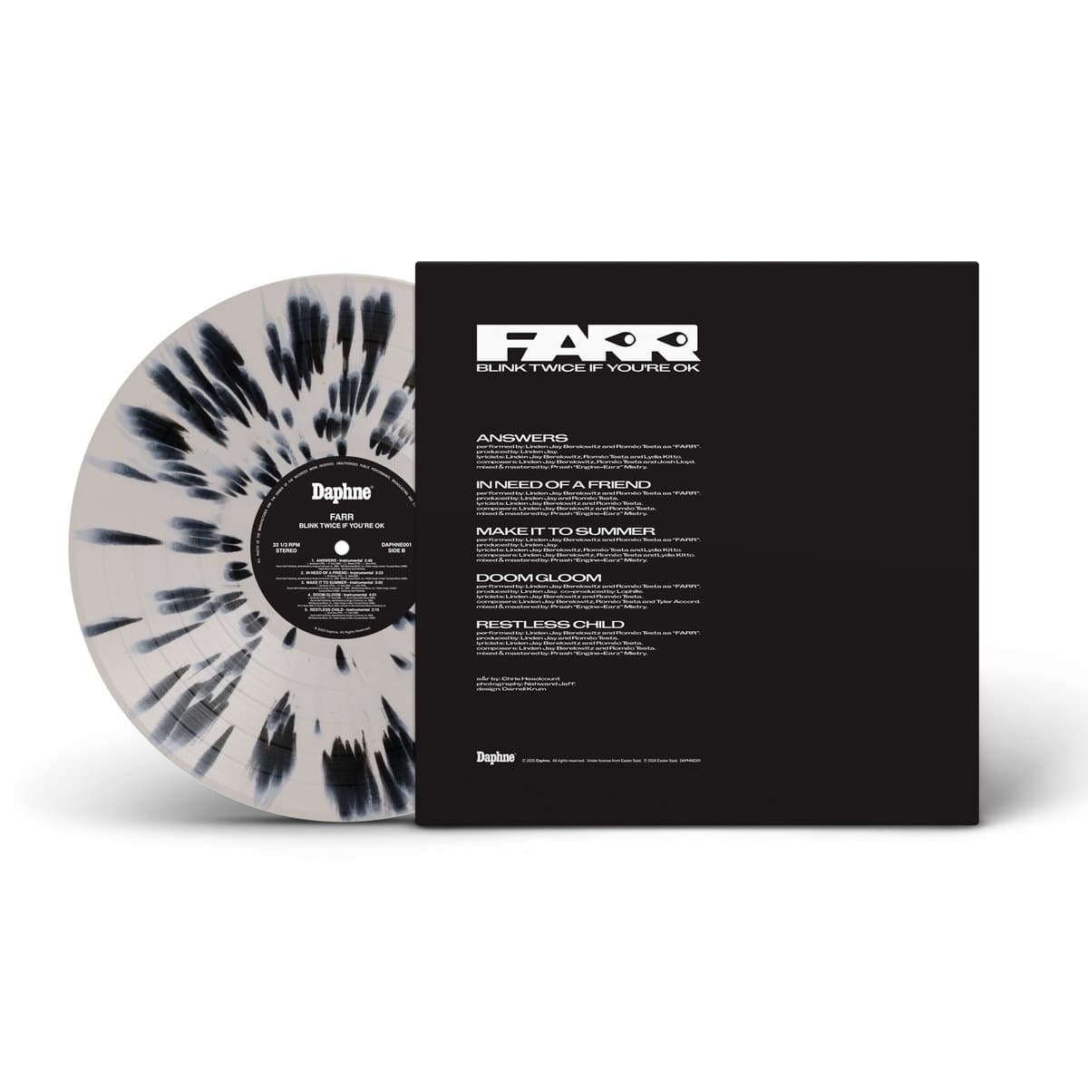 Vinyl record for FARR - Blink Twice If You're Okay with black and white splatter design and matching cover on a white background