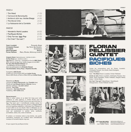 Back album cover for Florian Pellissier Quintet's 'Pacifiques Biches' with black and white photos and text of tracklisting.