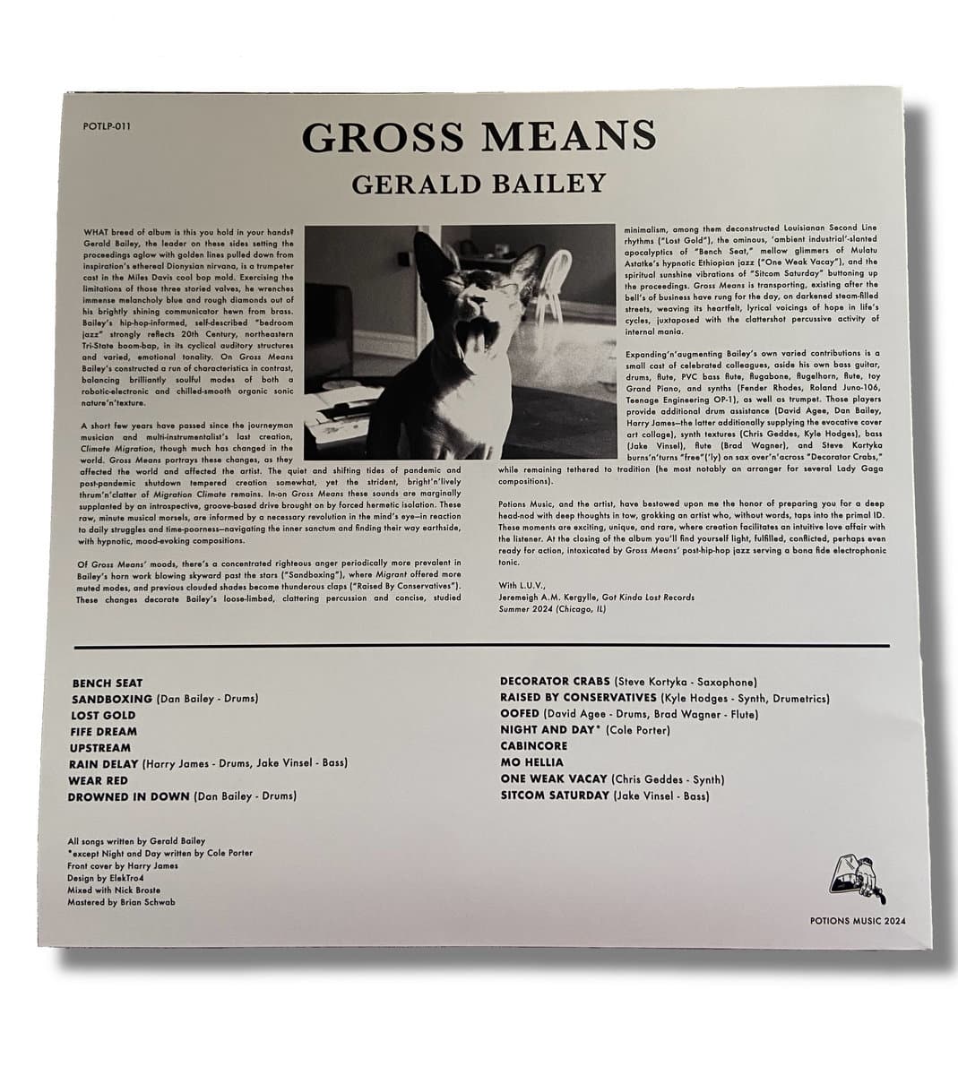 Album cover for 'Gross Means' by Gerald Bailey with text and a dog photo.