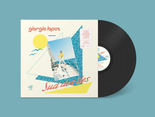 Vinyl record with a colorful cover featuring a sailboat and text on a blue background