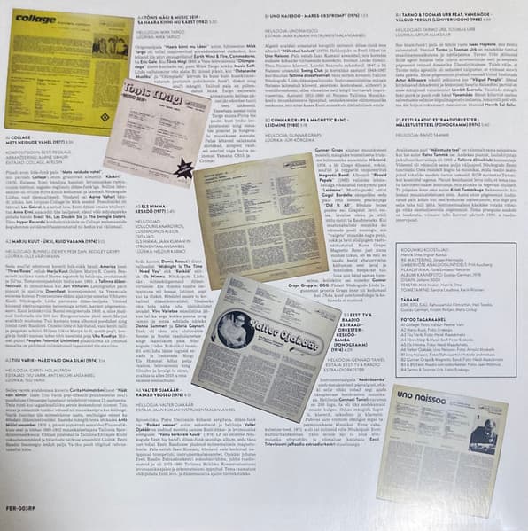 Liner notes showing a collage of vintage newspaper clippings on a white background
