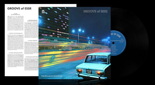 Album cover, vinyl and liner notes for 'Groove of ESSR' with a car on a city street at night.