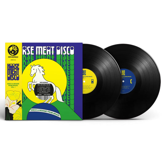 Vinyl records with a colorful packaging featuring a horse illustration on a white background