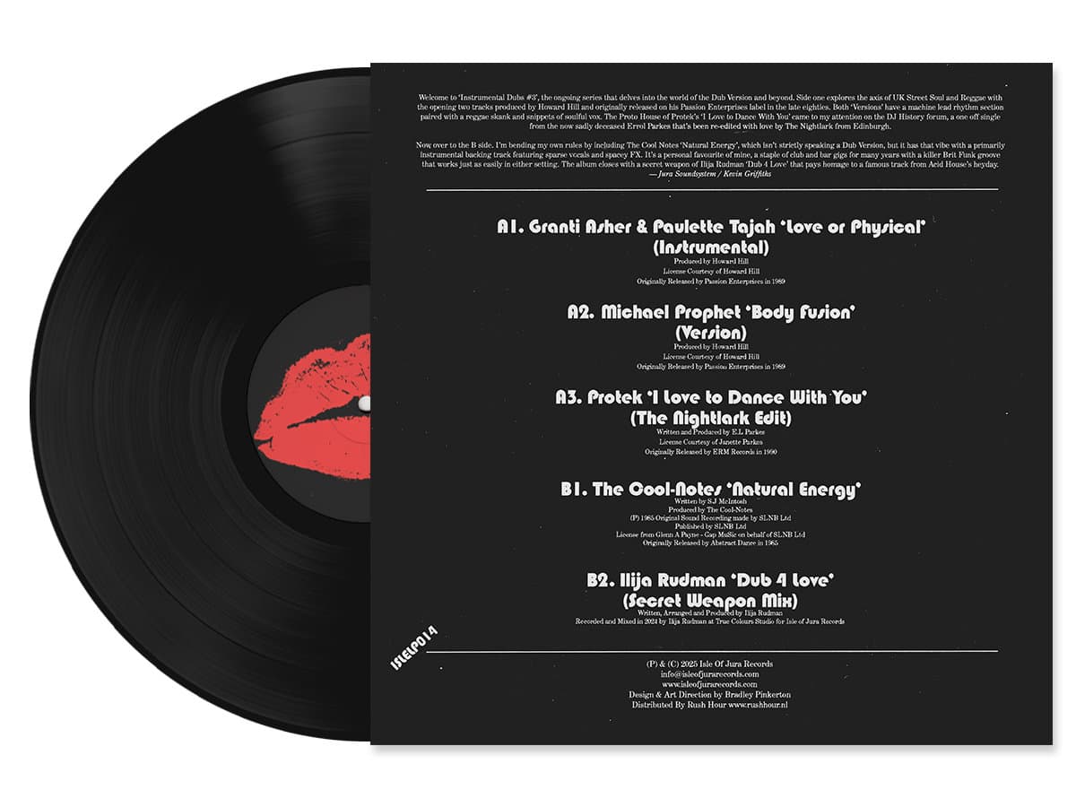 Instrumental Dubs #3 LP – Isle of Jura’s 180g reissue featuring rare UK street soul, dub, proto-house, and boogie with artwork by Bradley Pinkerton.