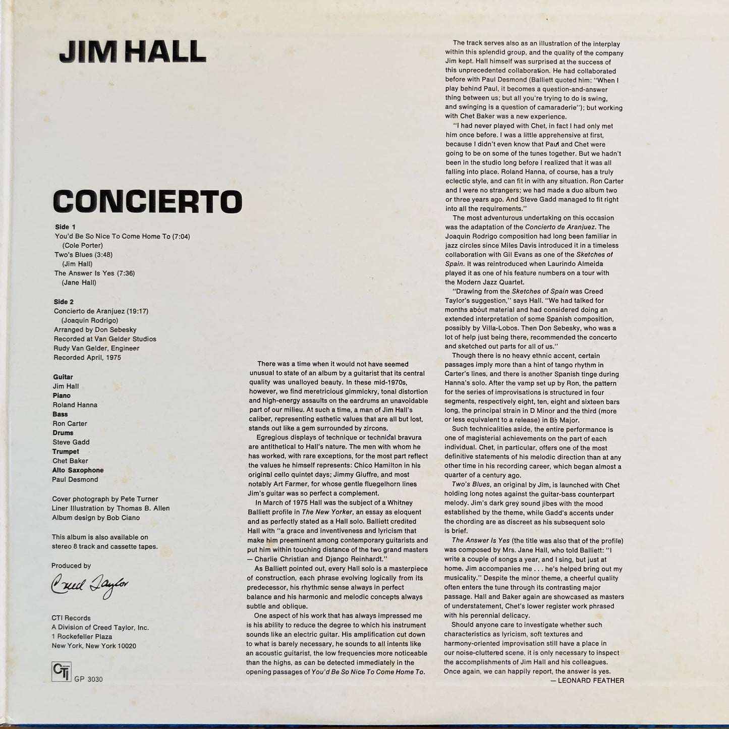 Interior of Gatefold Sleeve of CTI Records pressing of Concierto by Jim Hall (GP 3030)