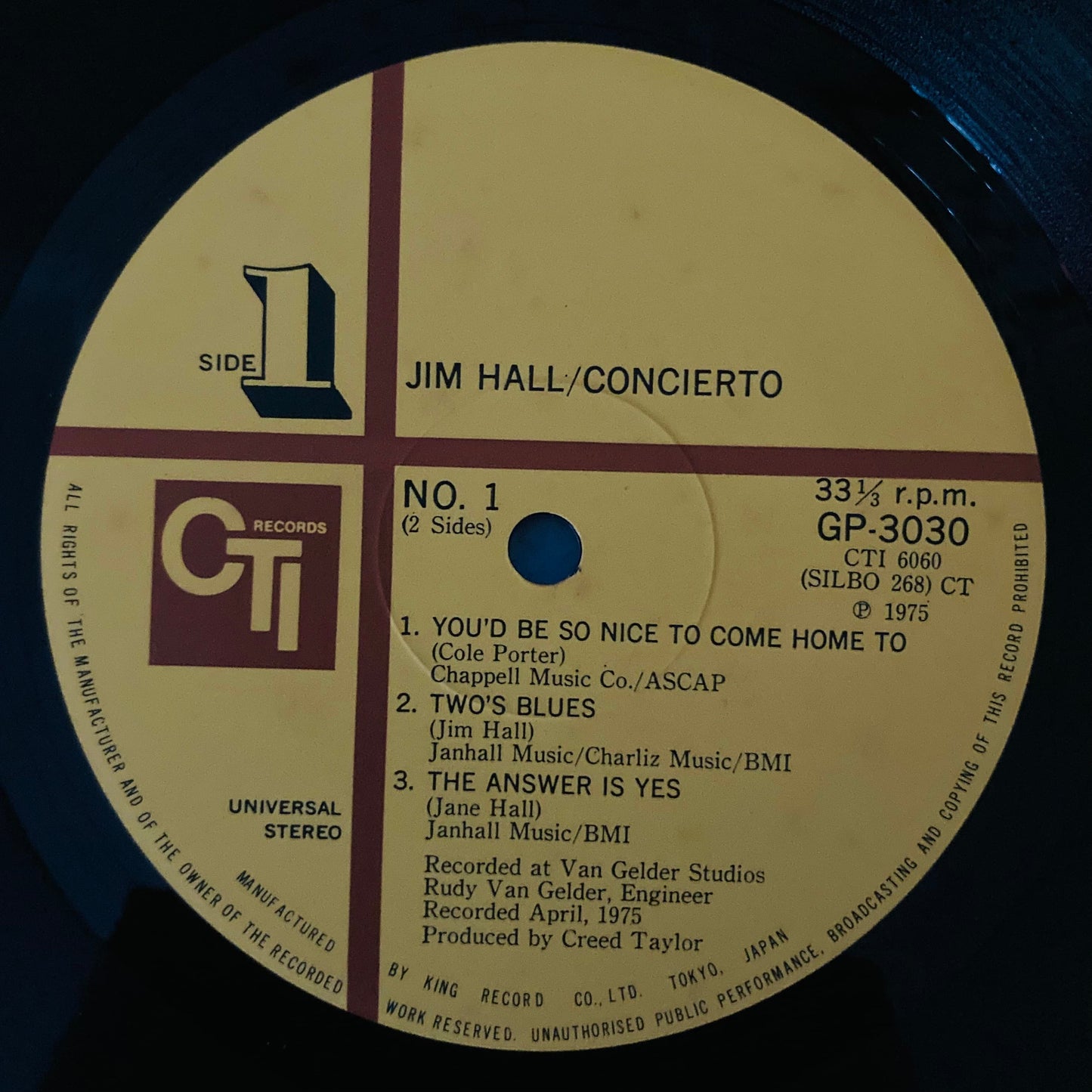 Vinyl record label side 1 of Concierto by Jim Hall, NM condition, CTI label