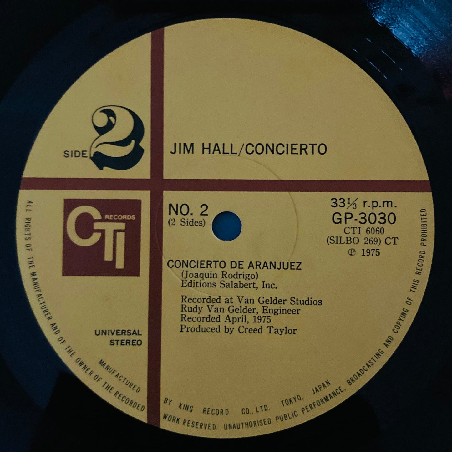Vinyl record label side 2 of Concierto by Jim Hall, NM condition, CTI label