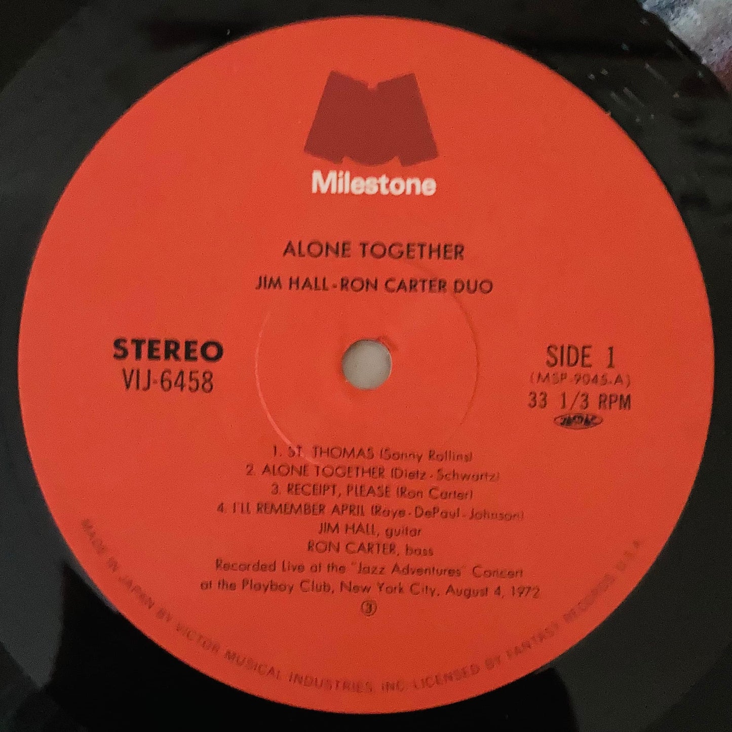 Close-up of Milestone label Side 1 on Japanese pressing of Jim Hall & Ron Carter duo album