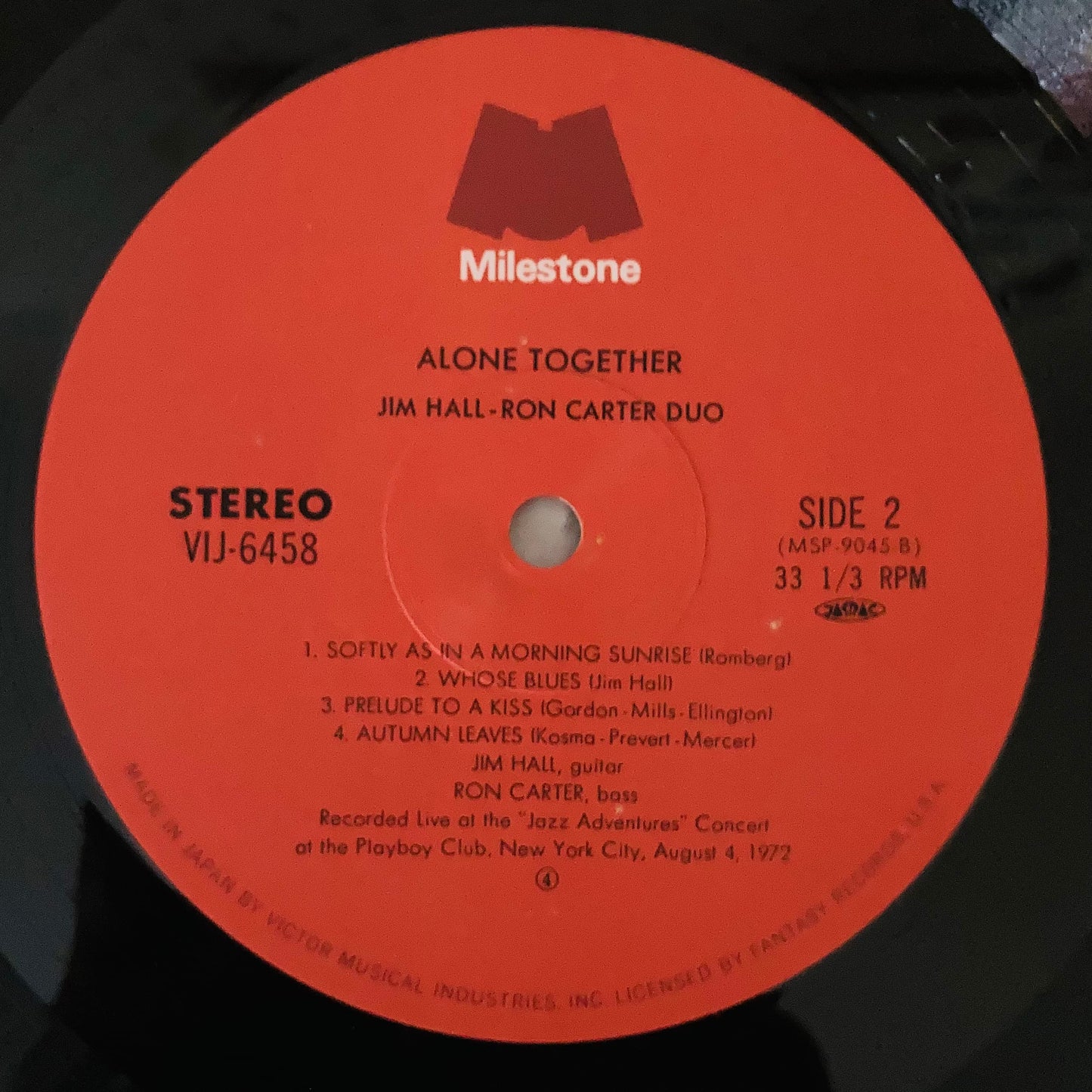 Close-up of Milestone label Side 2 on Japanese pressing of Jim Hall & Ron Carter duo album