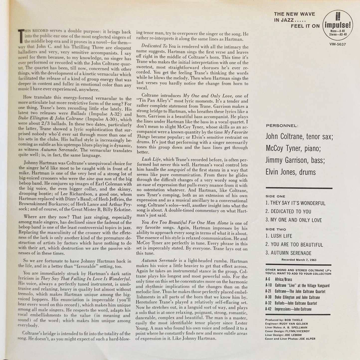 Insert booklet from John Coltrane and Johnny Hartman Japanese reissue (VIM-5637)