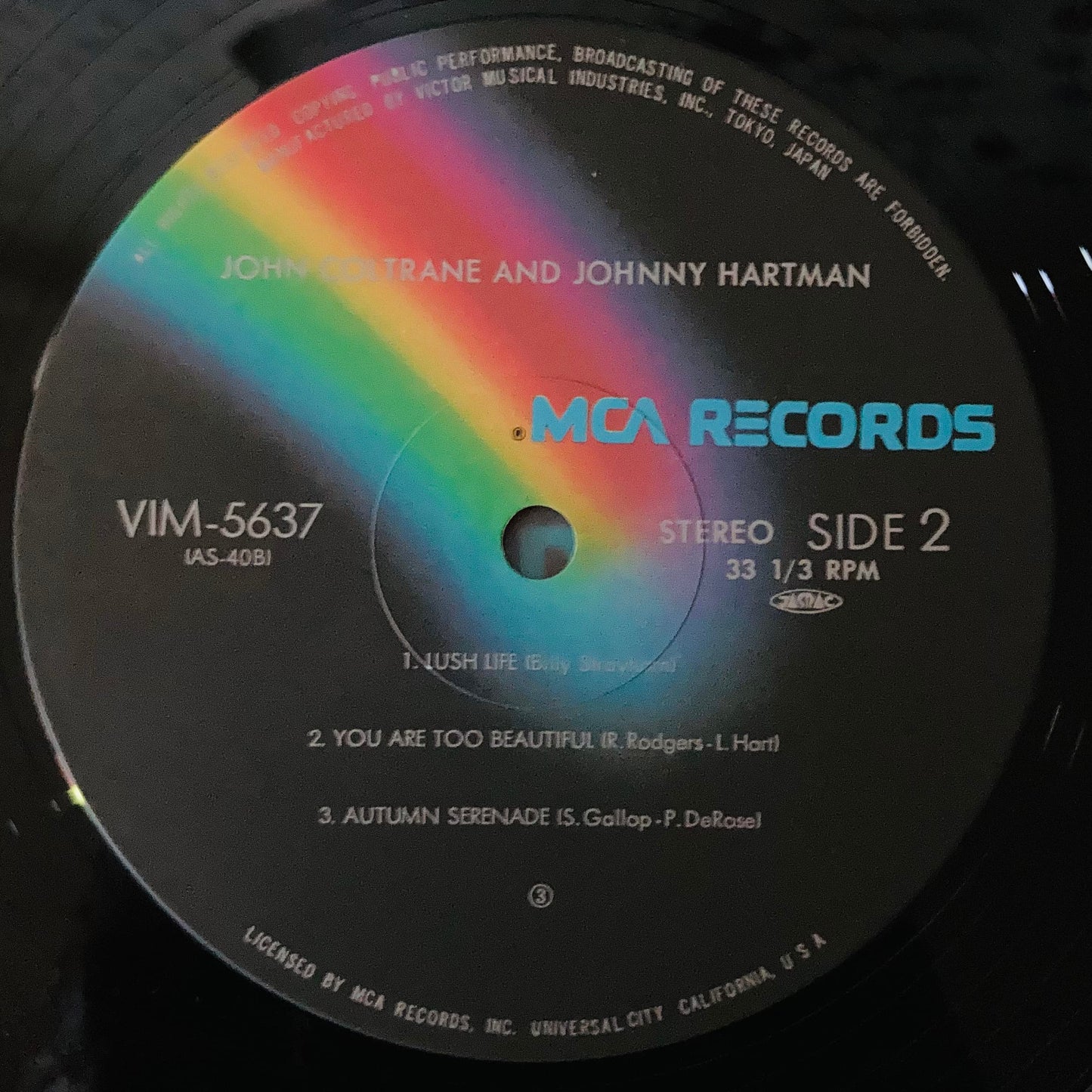 Close-up of VIM-5637 label on pristine black vinyl, John Coltrane and Johnny Hartman
