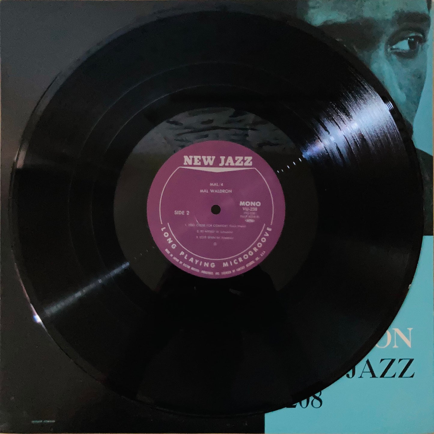 Close-up of side 2 of black vinyl pressing of Mal/4 Trio, 1984 New Jazz reissue from Japan