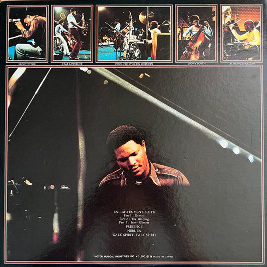 Back cover of McCoy Tyner’s Enlightenment LP showing live photo and tracklist