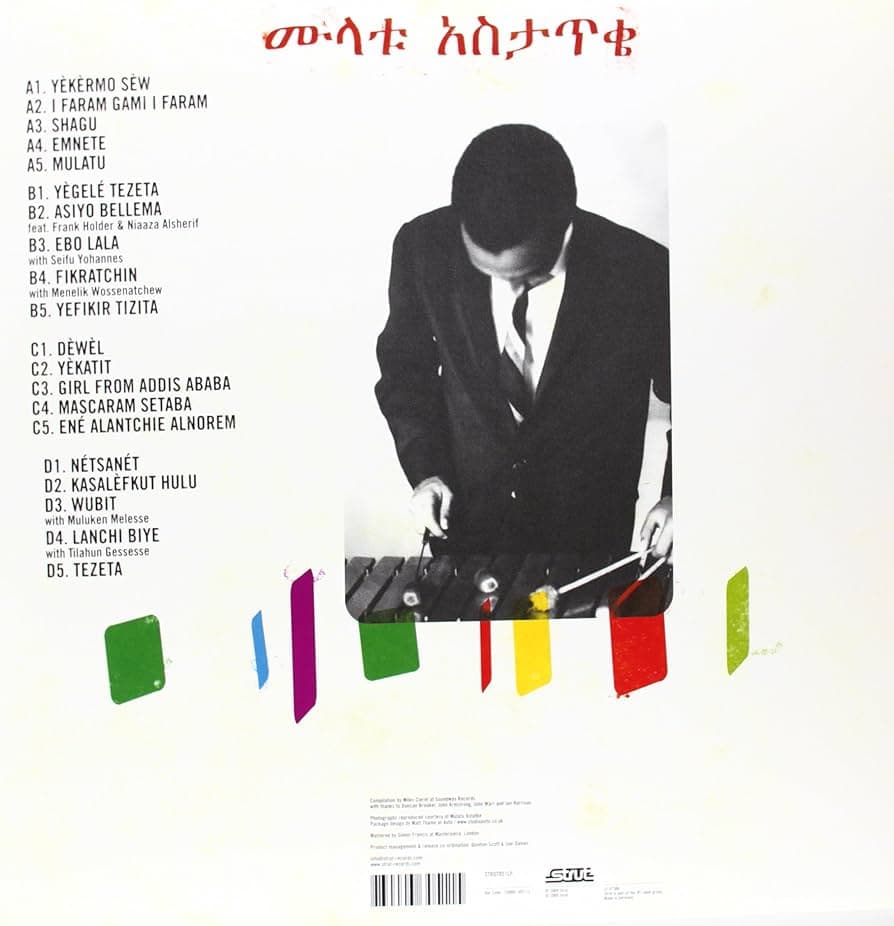 Back cover of the Mulatu Astatke compilation vinyl showing tracklist, and an archival image of Mulatu from the Strut Records retrospective.