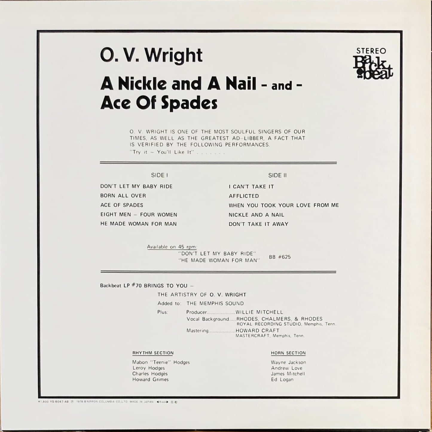 Back cover of A Nickel and a Nail... Japanese LP, Back Beat YS-8047-AB