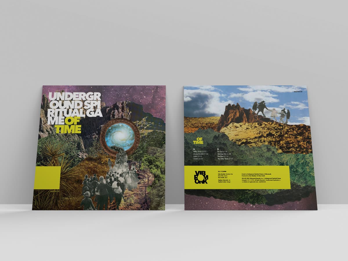 Two vinyl records with cover art on a white surface and gray background