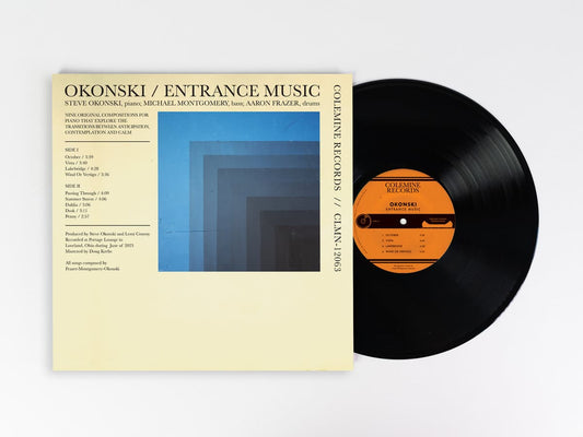 Cover art and vinyl for Okonski - Elevator Music against a white background.