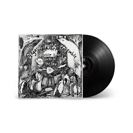 Vinyl record with black and white cover design on a white background