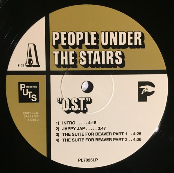 Vinyl record label for Side A of People Under the Stairs album OST with tracklist and branding.