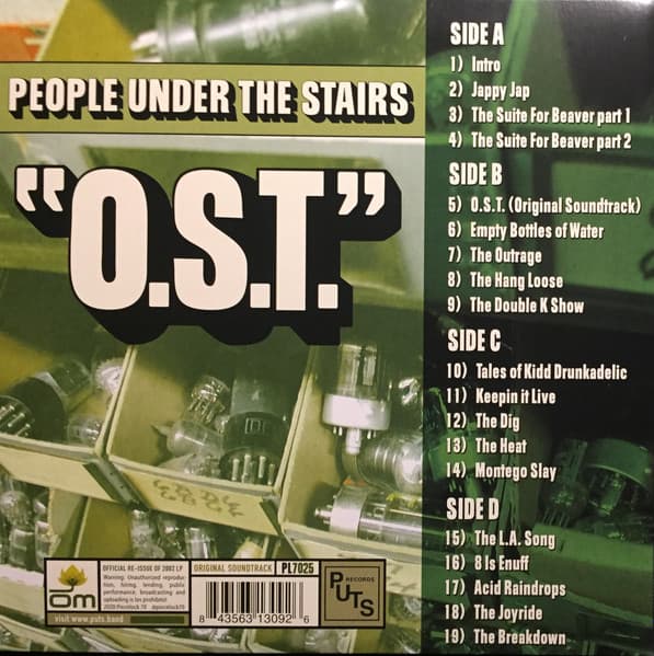 Back cover for 'O.S.T.' by People Under the Stairs with tracklist on the right.